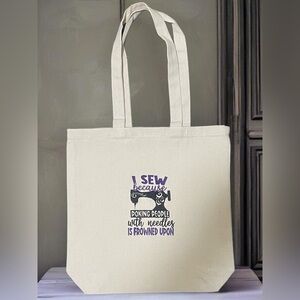 Cream embroidered Tote Bag with Sewing Quote